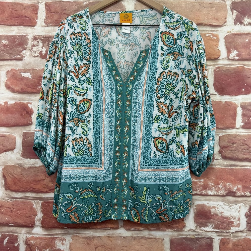 Ruby Rd Top Women's Small Blue Multicolor Boho Floral Embroidered Casual Shirt